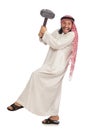 Angry arab man with hammer isolated on white Royalty Free Stock Photo