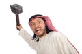 Angry arab man with hammer isolated on white Royalty Free Stock Photo