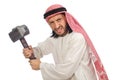 Angry arab man with hammer isolated on white Royalty Free Stock Photo