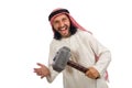 The angry arab man with hammer isolated on white Royalty Free Stock Photo