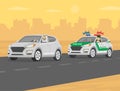 Angry arab traffic police officer chasing suv car on the sandy highway. Traffic speed control. Royalty Free Stock Photo