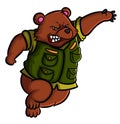 The angry army bear is running and catching something