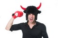 Angry as bull. Man shouting face wears hat of devil or bull with horns. Guy black shirt angry aggressive demonstrate Royalty Free Stock Photo