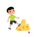 Angry asian boy destroying sandcastle flat vector illustration. Little kid breaking beach fortress cartoon character Royalty Free Stock Photo