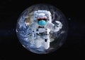 Angry Astronaut in blue medical mask near night Earth planet in outer space Royalty Free Stock Photo