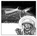 Angry astronaut landing down comics style fly