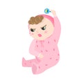 Angry baby with kinky hair sitting in pink pajama. Vector illustration in flat cartoon style.