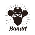 Angry bandit, gangster logo or label. Portrait of cowboy in mask.