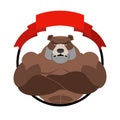 Angry bear athlete Round emblem. Large wild animal. Vector logo