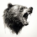 Aggressive Grizzly Bear Mouth Drawing In Black And White