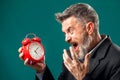 Angry bearded businessman holding alarm clock and shouting at it. Time management concept Royalty Free Stock Photo