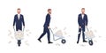 Angry bearded man dressed in elegant formal suit carrying wheelbarrow full of letters in envelopes. Male cartoon