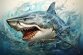 An angry big shark opens its mouth wide with sharp teeth. Undersea animals. Fish