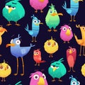 Angry birds pattern. Game parrots and exotic baby cute and funny colored birds. Vector cartoon seamless illustrations