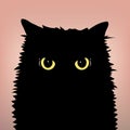 Angry black cat face with big eyes on the peach color background. Cat with yellow eyes. Flat and minimal style.