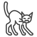 Angry black cat line icon, halloween concept, hissing cat sign on white background, scared cat with arched back icon in