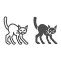 Angry black cat line and solid icon, halloween concept, hissing cat sign on white background, scared cat with arched