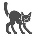 Angry black cat solid icon, halloween concept, hissing cat sign on white background, scared cat with arched back icon in