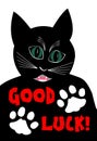 Angry black cat wishing good luck. Cartoon of black tomcat on white background, two white cat paws Royalty Free Stock Photo