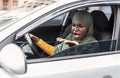 Angry Black Islamic Woman Driving Car, Arguing With Someone In Traffic Jam