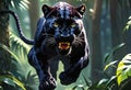 Angry black panther in the jungle during a jump. Generative AI Royalty Free Stock Photo