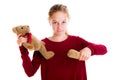 Angry blond girl with broken teddy bear