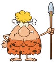 Angry Blonde Cave Woman Cartoon Mascot Character Standing With A Spear