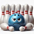 An angry blue bowling ball among the pins. Royalty Free Stock Photo
