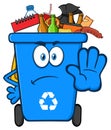 Angry Blue Recycle Bin Cartoon Mascot Character Full With Garbage Gesturing Stop Royalty Free Stock Photo