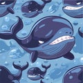 Angry Blue Whale seamless pattern