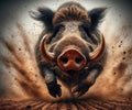 angry boar running furiously, trail of sand in the air, motion blur Royalty Free Stock Photo