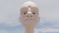 Angry bold face bald guy looks down sky in background 3D illustration