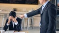 Angry boss complain young businessman