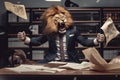 Angry boss concept with lion in the suit. Mad manager with head of animal, generative AI. Royalty Free Stock Photo