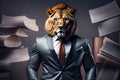 Angry boss concept with lion in the suit in a suit and tie is surrounded by papers, generative ai Royalty Free Stock Photo