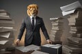 Angry boss concept with lion in the suit in a suit and tie is surrounded by papers, generative ai Royalty Free Stock Photo