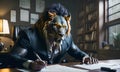 Angry boss lion in a business suit at his workplace at the office, generative ai Royalty Free Stock Photo