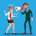 Angry Boss Man Screaming In Megaphone At Scared Woman Empolyee Vector. Isolated Illustration Royalty Free Stock Photo