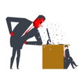 Angry Boss is scolding manager. manager is hiding under table. O Royalty Free Stock Photo