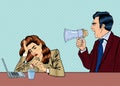 Angry Boss Screaming in Megaphone on the Woman in Office. Pop Art Royalty Free Stock Photo