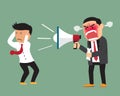 Angry boss shouting at employee on megaphone.