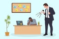 Angry Boss is shouting to his employee man via megaphone. Office deadline problem. Vector flat cartoon illustration. Royalty Free Stock Photo