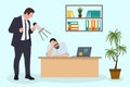 Angry Boss is shouting to his employee man via megaphone. Office deadline problem. Vector flat cartoon illustration. Royalty Free Stock Photo