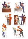 Angry boss yelling at scared employees set. Evil boss and stressed staff vector illustration Royalty Free Stock Photo