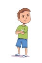 Angry boy crossed his arms over chest, argues and refuses. Child isolated on white background. Vector character