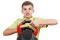 Angry Boy plays a driving game console, isolated on white Royalty Free Stock Photo