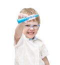 Angry boy with a toy syringe. COVID -19 Royalty Free Stock Photo