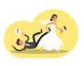 Angry bride in the white wedding dress dragging groom