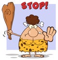 Angry Brunette Cave Woman Cartoon Mascot Character Gesturing And Standing With A Club.