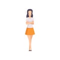 Angry brunette young woman standing with folded hands, emotional girl feeling anger vector Illustration on a white